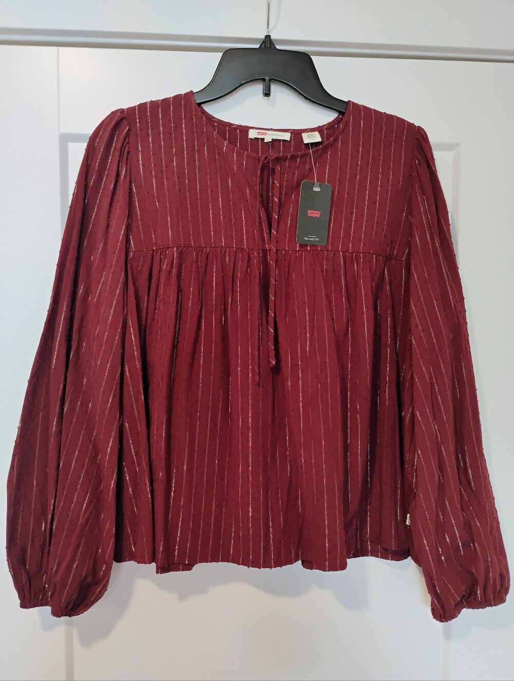 NWT L Levi's Maroon Tie Neck Clip Dot Babydoll Long Puff Sleeve Top Blouse NEW